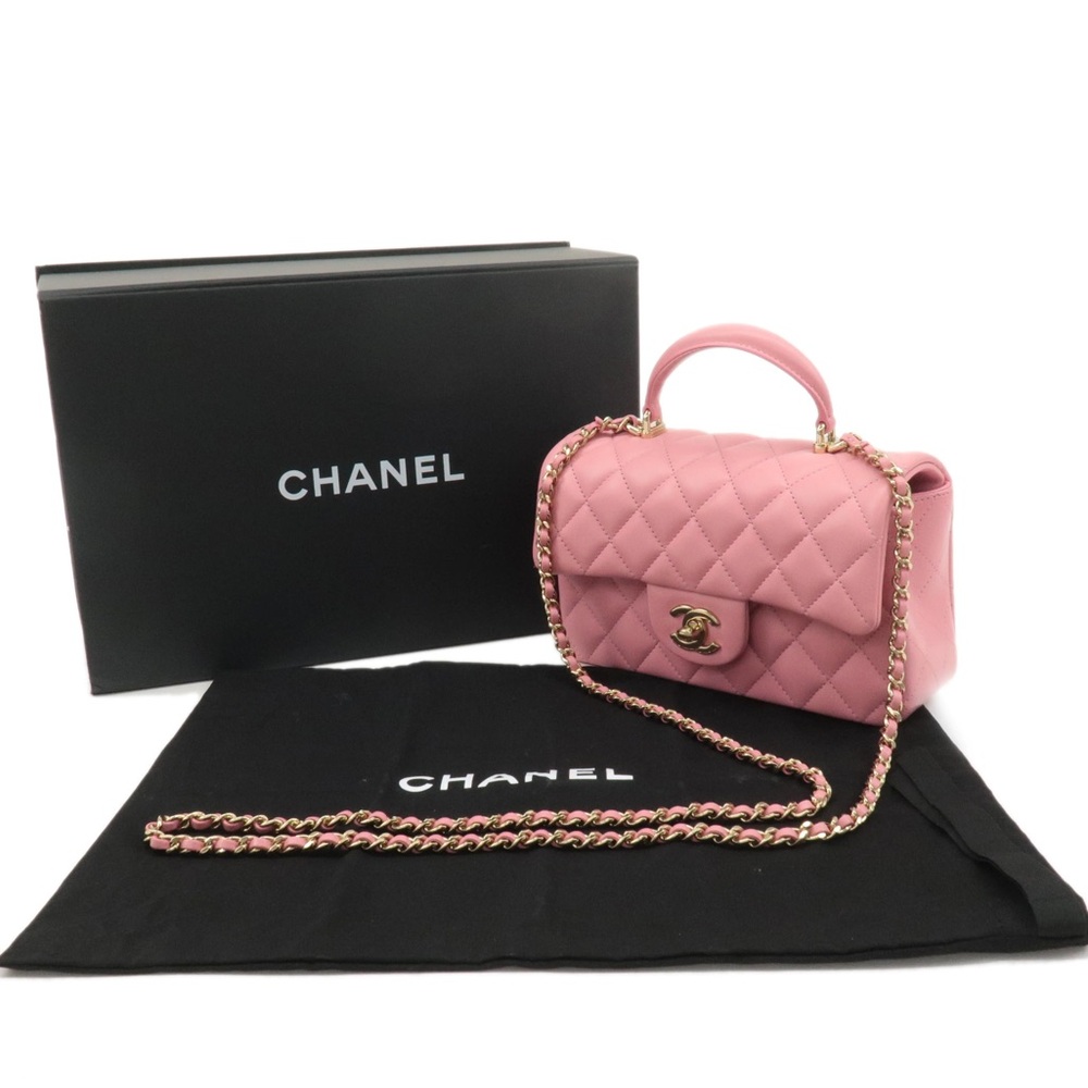 RARE Chanel Pink Mini Rectangle Flap Top Handle Lambskin Leather GHW